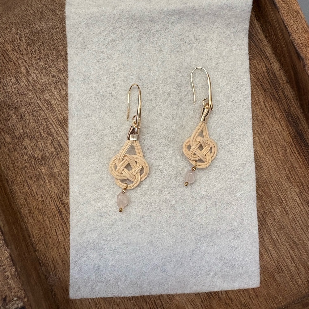 Beige Knot Drop Earrings with Rose Quartz Accent - Unbranded